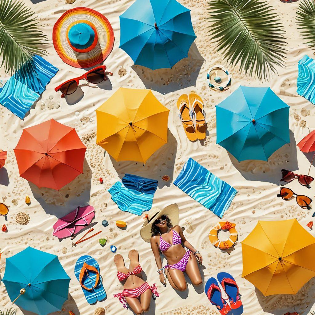 A vibrant summer beach scene featuring diverse models showcasing trendy and flattering beachwear, including colorful swimsuits, sarongs, and sun hats. Bright umbrellas and beach accessories surround them, alongside sandy shores and crystal-clear ocean waves in the background. Sunlight casts a warm glow, enhancing the joyful vibe of summer. The image should feel energetic and inviting, capturing the essence of a sunny beach day. super-realistic. vibrant colors. white background.